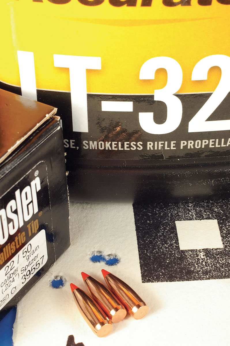 Although velocity of Nosler 50-grain Ballistic Tips was not all that high with LT-32, accuracy was good.